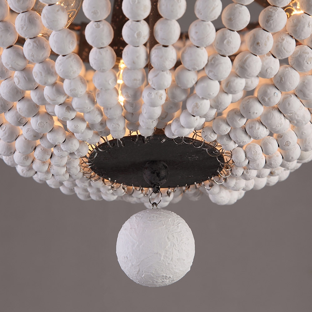 Retro Farmhouse Distressed Wood Bead 3-Light Dome Shaped Flush Mount Ceiling Light in White window image