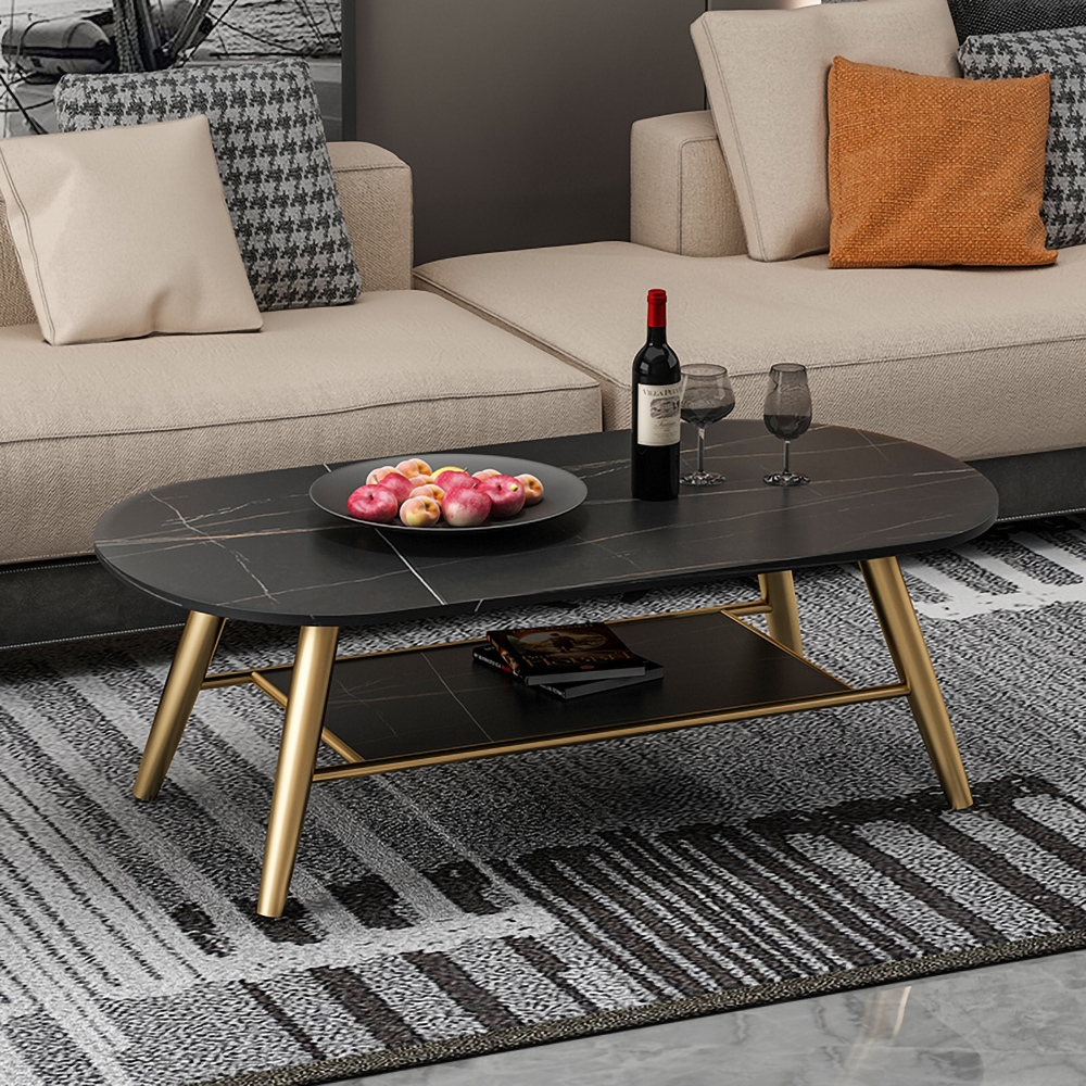 Black Coffee Table with Storage Marble Top Metal Frame window image