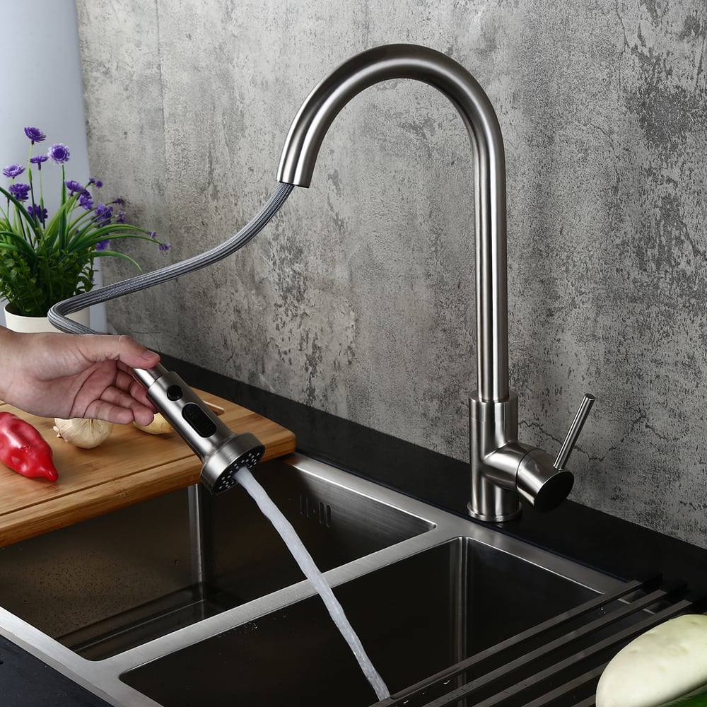 Commercial 3-Function Pull Down Spray Swivel Sprayhead Kitchen Sink Faucet with Deck Plate Brushed Nickel Brass window image
