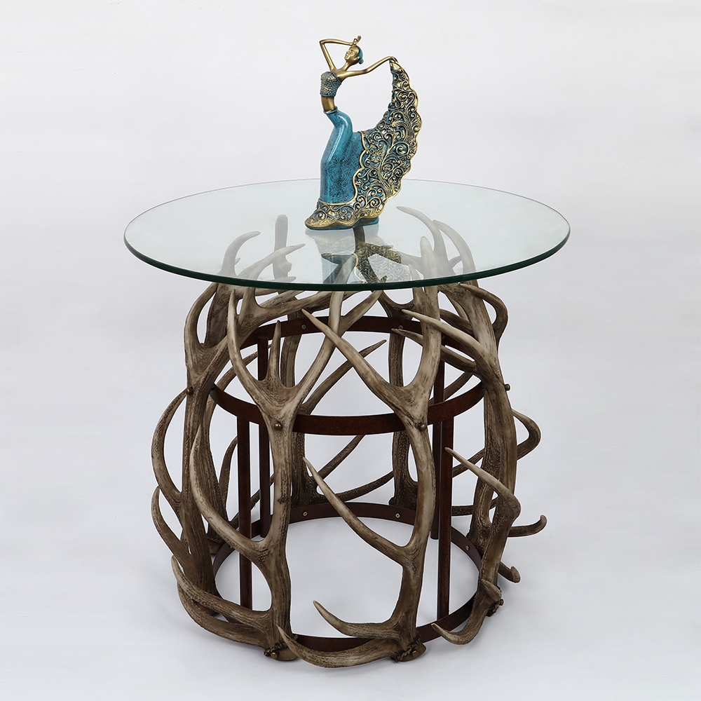 Rustic 24" Glass Side Table Round Antler Table Decorative Antler Drum Base Accent Table window image