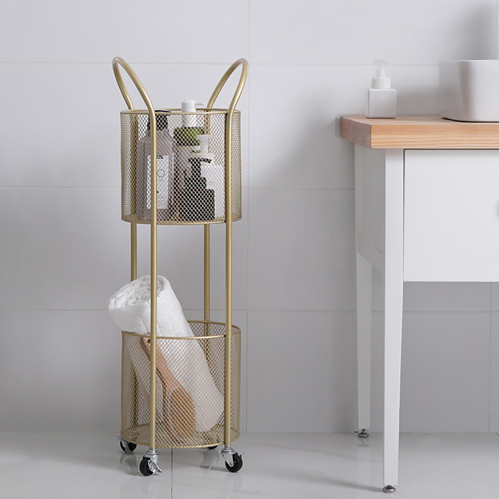 Gold Modern Metal Shelving for Bathroom Storage with 2-Tier Shelf and 4 Wheel window image