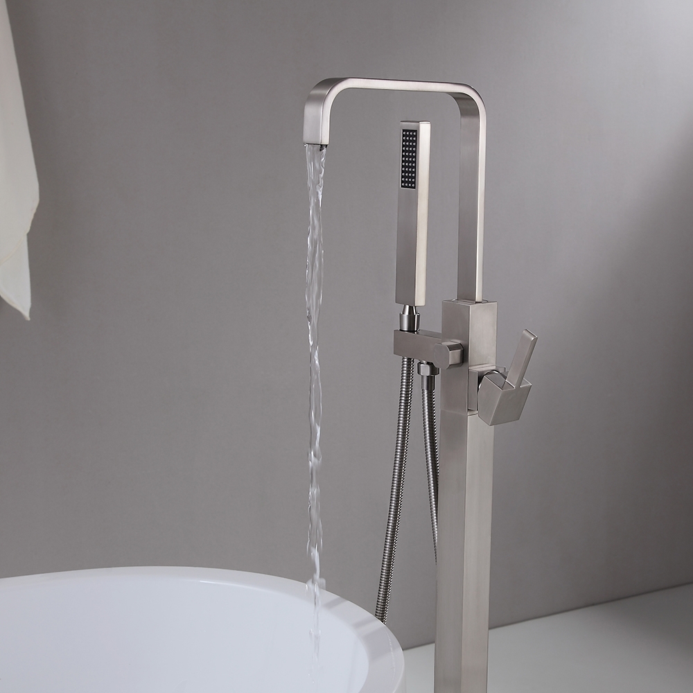 Dree Brushed Nickel Floor Mount Modern Tub Filler Faucet & Hand Shower Single Handle Solid Brass window image