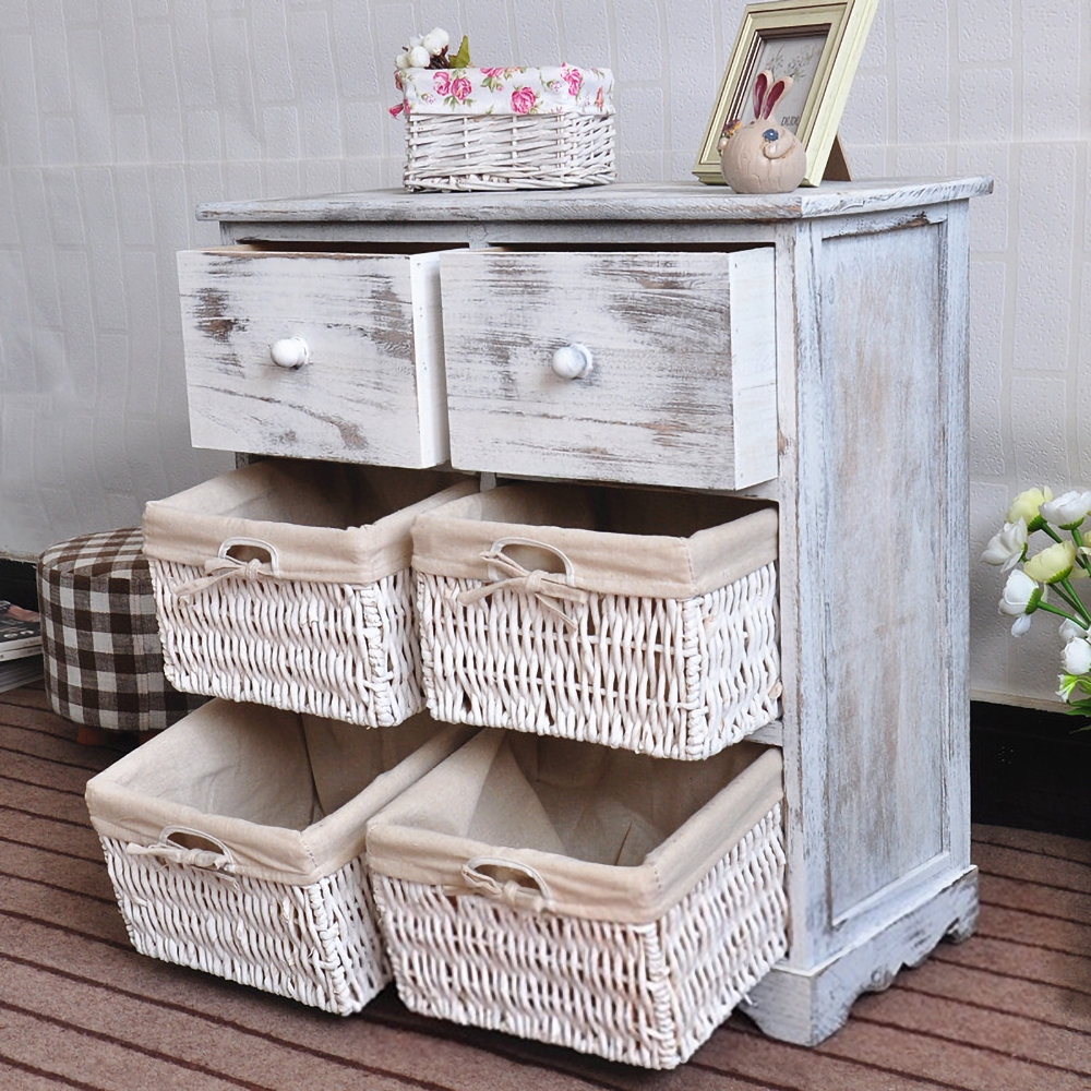 Cottage Distressed White Cabinet Solid Wood Chest with Drawers Rattan&Fabric window image