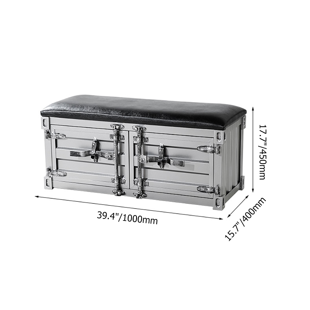 Industrial Cargo Container Style Shoe Storage Upholstered Bench in Silver window image