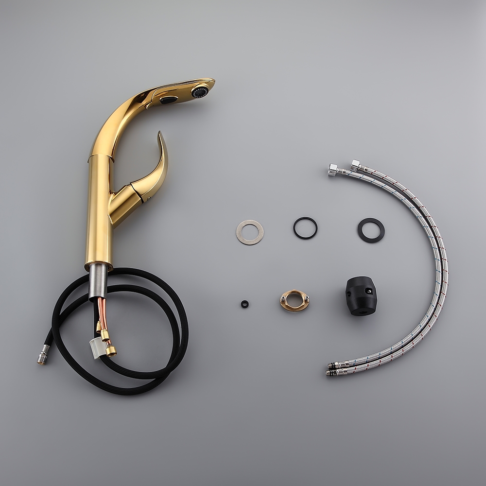 Zime Luxurious Gold 2-Function Pull Down Swivel Kitchen Faucet Single Handle Zinc Alloy Faucet window image