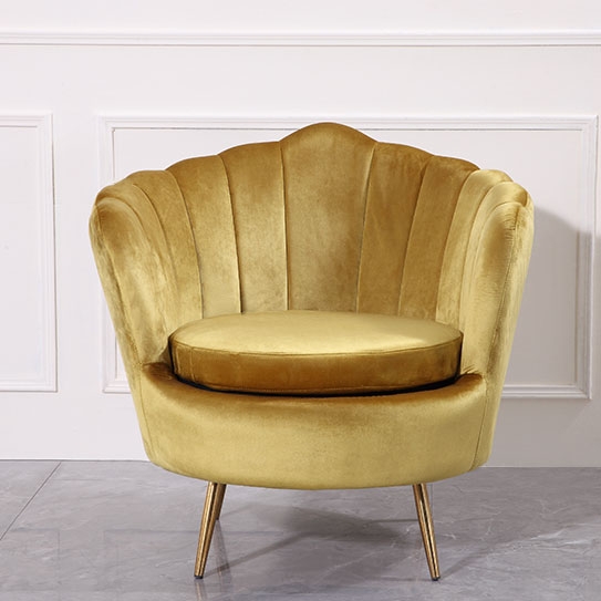 Modern Yellow Velvet Accent Chair Scalloped Barrel Shair Shell Curved Chair Pillow Included window image