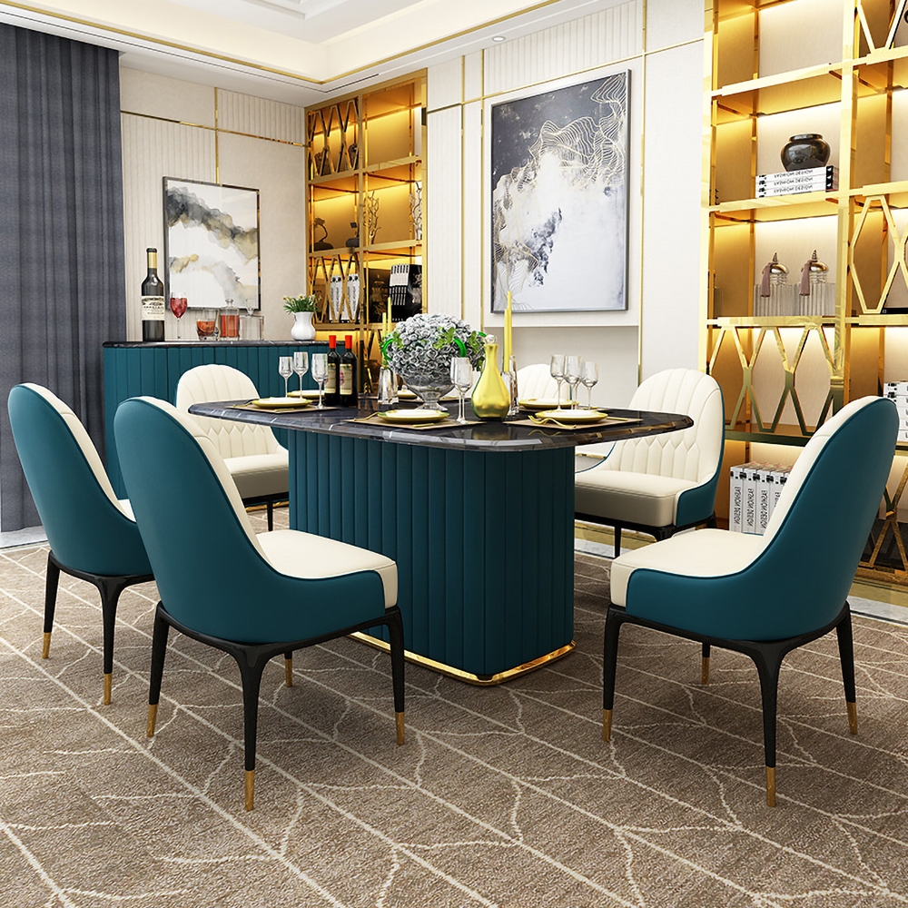 Black Faux Marble Rectangle Dining Table with Storage Blue PU Leather window image