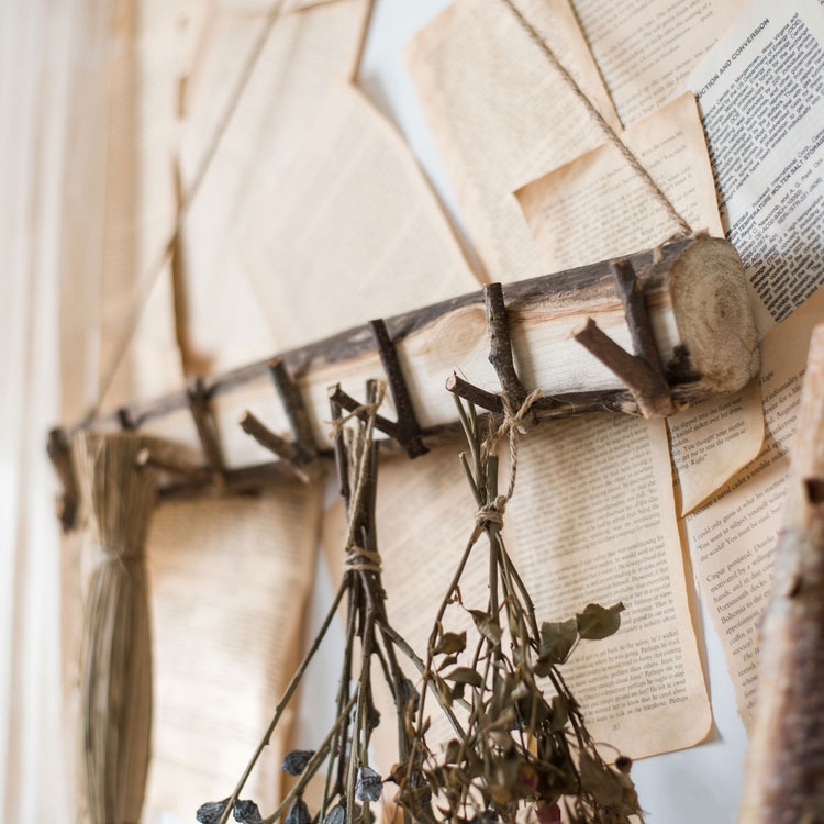 Rustic Style Wall Mounted Decorative Natural Wood Coat Rack with 7 Twig Hooks & Hanging Hemp Rope window image