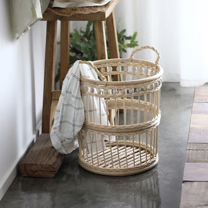 French Country Style Wood Bead Hollow Out Weave Rattan Storage Basket with Double Handles Cylindric Laundry Hamper in Beige window image
