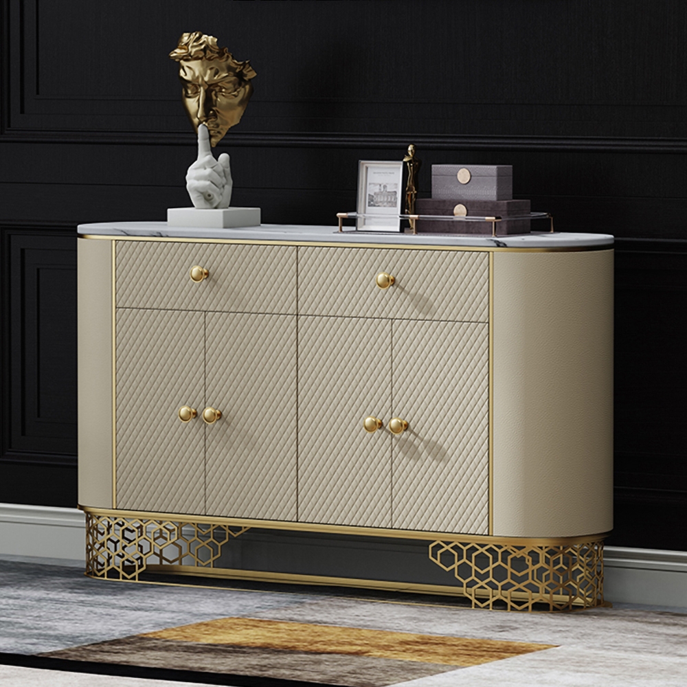 Sideboard Cabinet Faux Marble Faux Leather Upholstery with Storage Drawers&Doors window image
