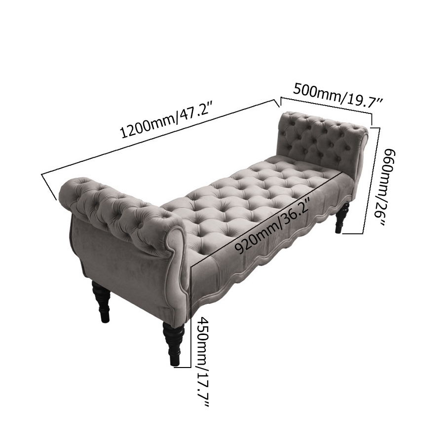 Gray Tufted Bench Velvet Upholstered Bench Ottoman Bench Mid-Century Bench window image