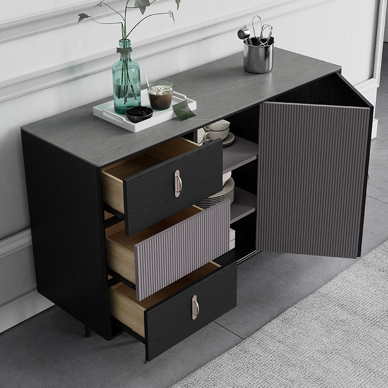 Zwart dressoir buffetkast met 3 lades met plank en vouwdeur Vensterafbeelding