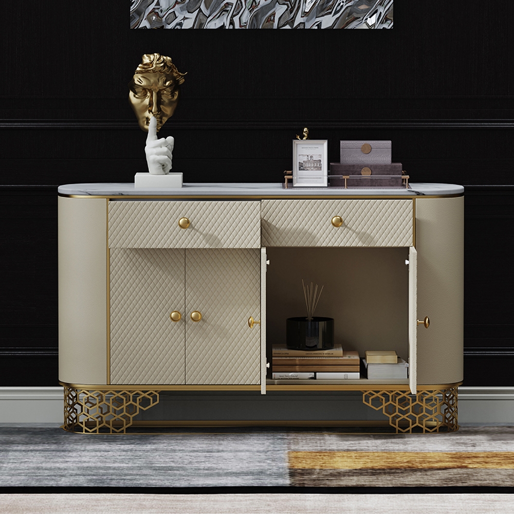 Sideboard Cabinet Faux Marble Faux Leather Upholstery with Storage Drawers&Doors window image