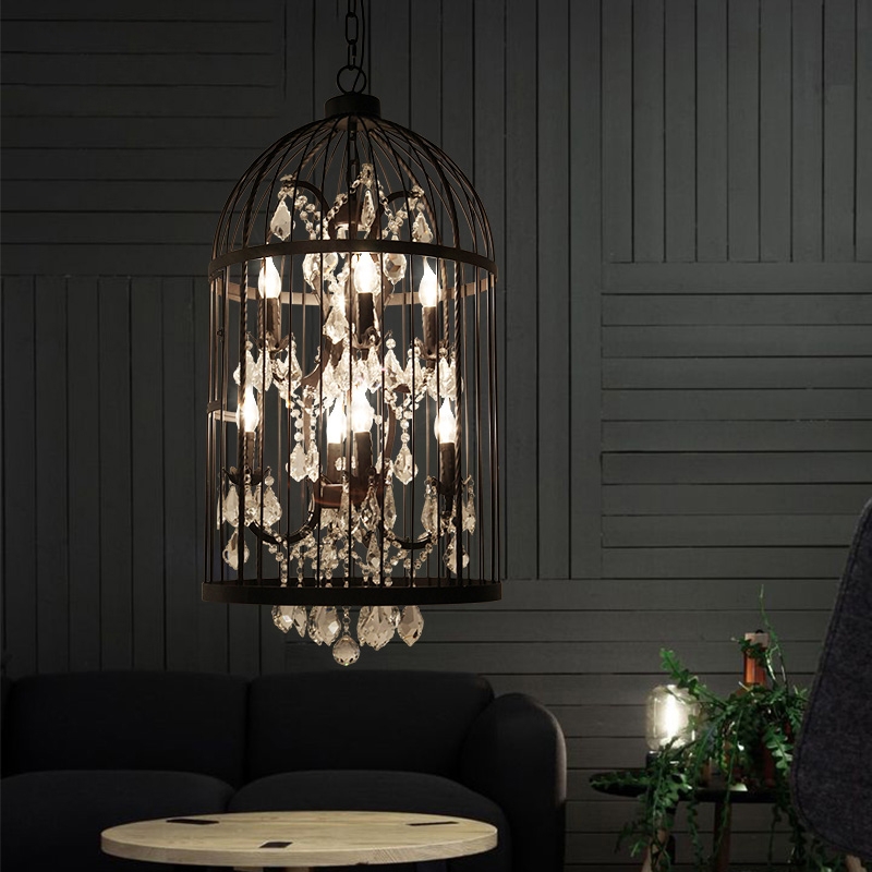 Industrial Retro 8-Light Black Clear Crystal & Metal Scroll Birdcage Lantern Chandelier 2-Tier Candle Light window image