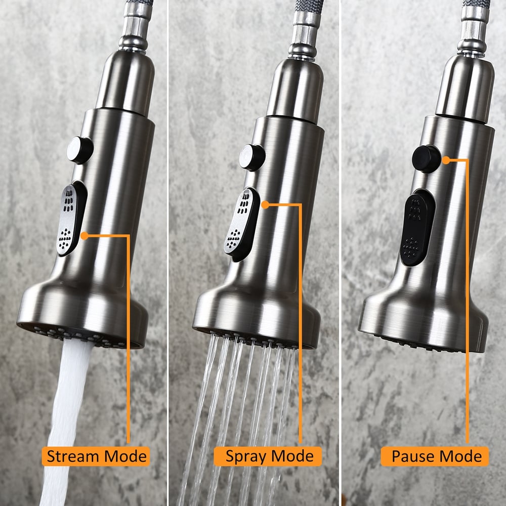 Commercial 3-Function Pull Down Spray Swivel Sprayhead Kitchen Sink Faucet with Deck Plate Brushed Nickel Brass window image