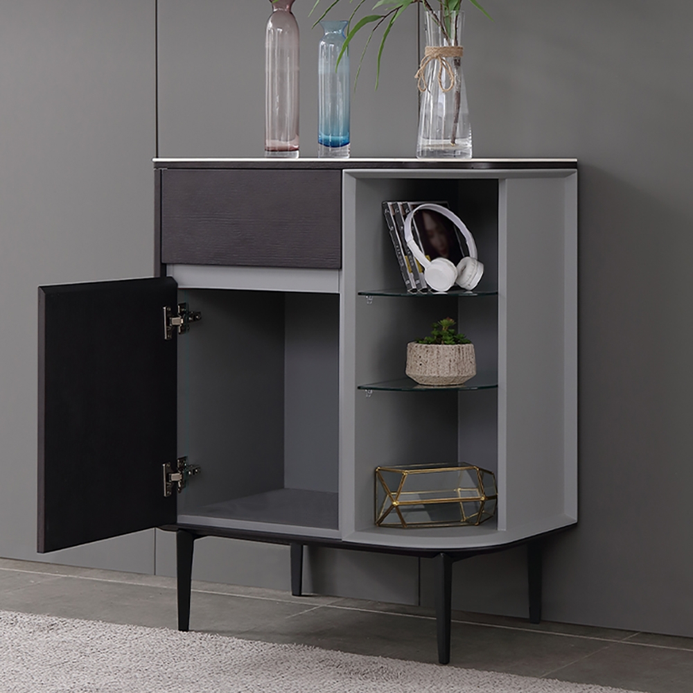 Minimalist Gray Cabinet with Sintered Stone Top Adjustable Glass Shelves window image