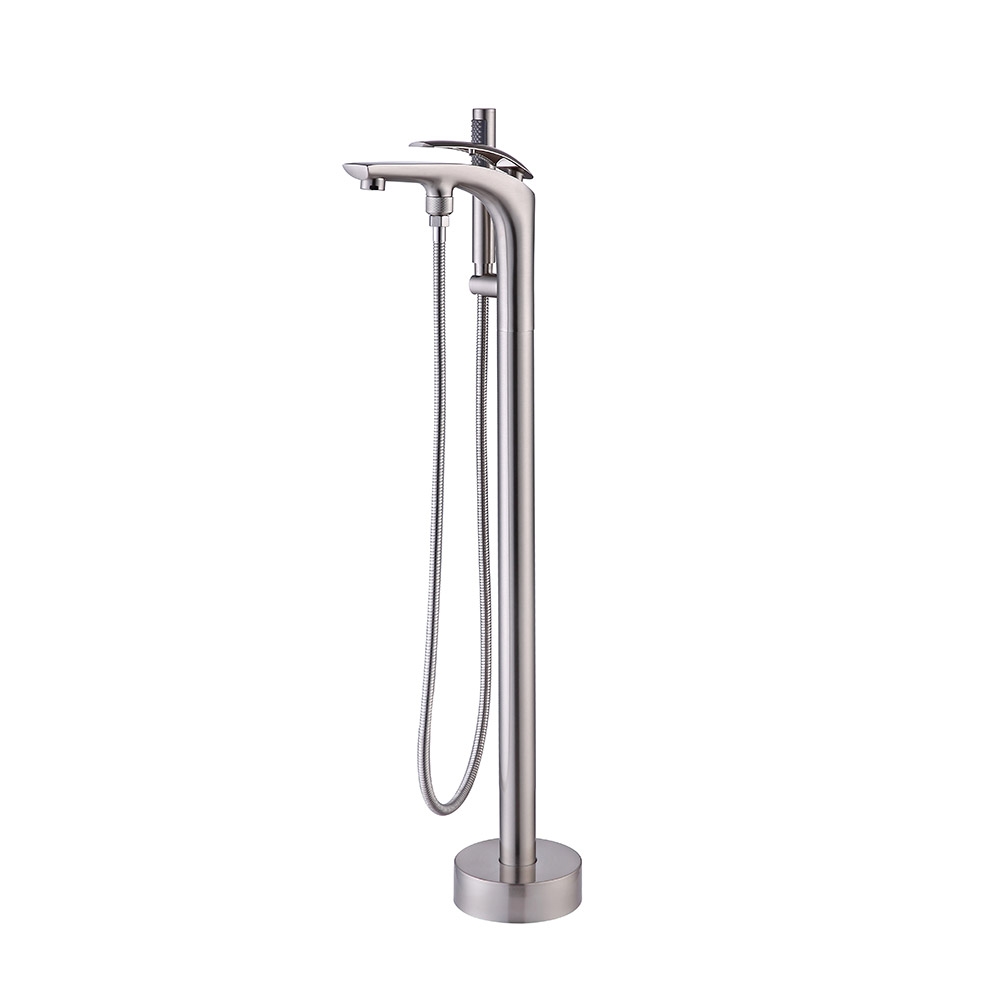 Modern Freestanding Tub Filler Faucet with Handshower Single Handle Brushed Nickel Solid Brass window image