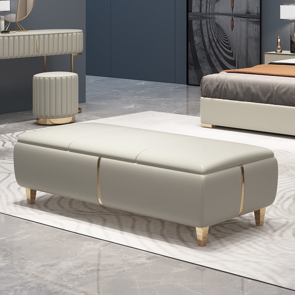 Modern Entryway Bench Beige Faux Leather Upholstered Ottoman Bench for End of Bed window image