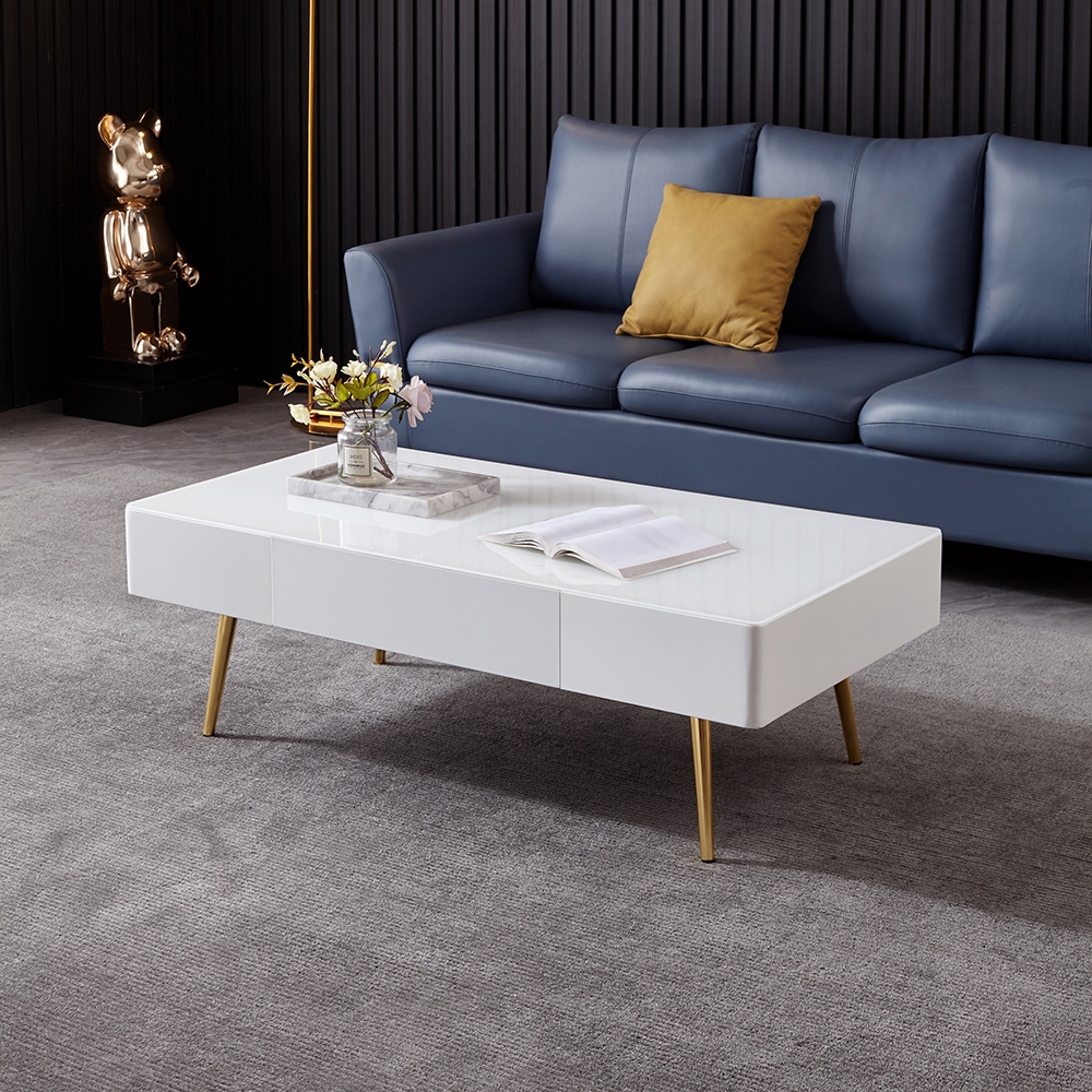 47.2" Modern White Coffee Table with Drawers Stainless Steel Legs window image