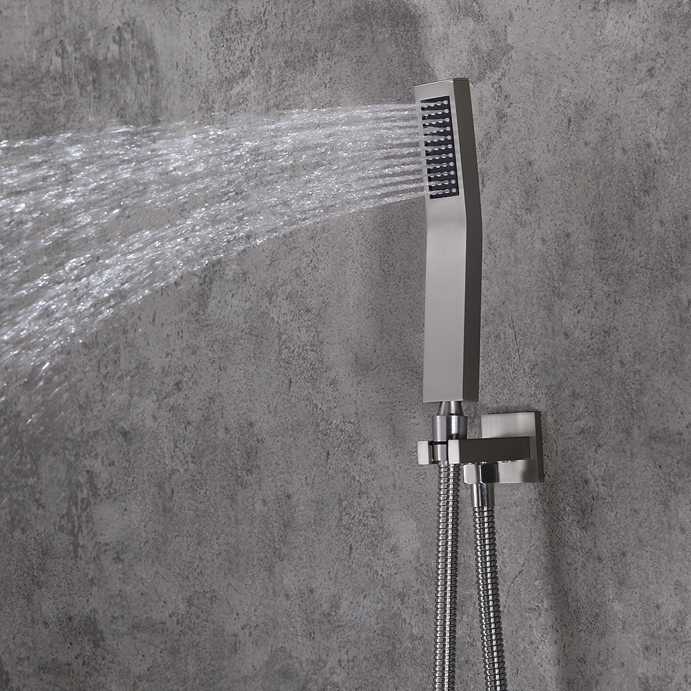 Modern Rain Thermostatic Brushed Nickel Shower Tap Flush Mount Shower System with Hand Shower & Body Jets Solid Brass window image