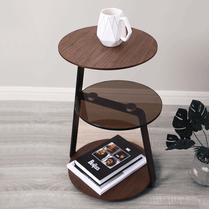 Contemporary Minimalist 3-Tier Side Table Round Walnut Side Table Tempered Glass Side Table with Shelf window image