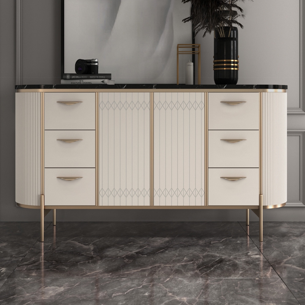 63" White Sideboard Buffet Faux Marble Top Kitchen Cabinet with Doors Adjustable Shelves Drawers window image