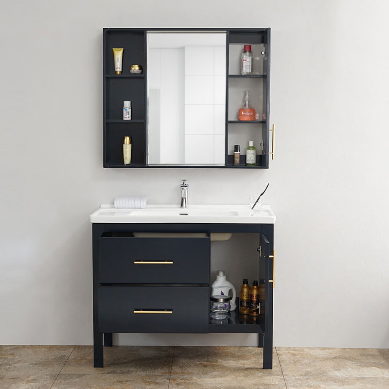 Modern Blue 40" Single Sink Bathroom Vanity with Sink & Drawers Medicine Cabinet Included window image