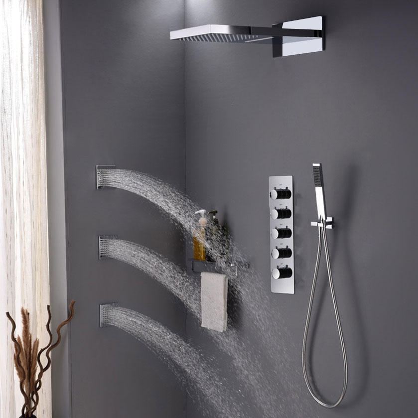 Contemporary Stylish Rain & Waterfall Wall Mount Shower System with Handhled Shower 4-Function Standard Shower Mixer Valve Polished Chrome window image
