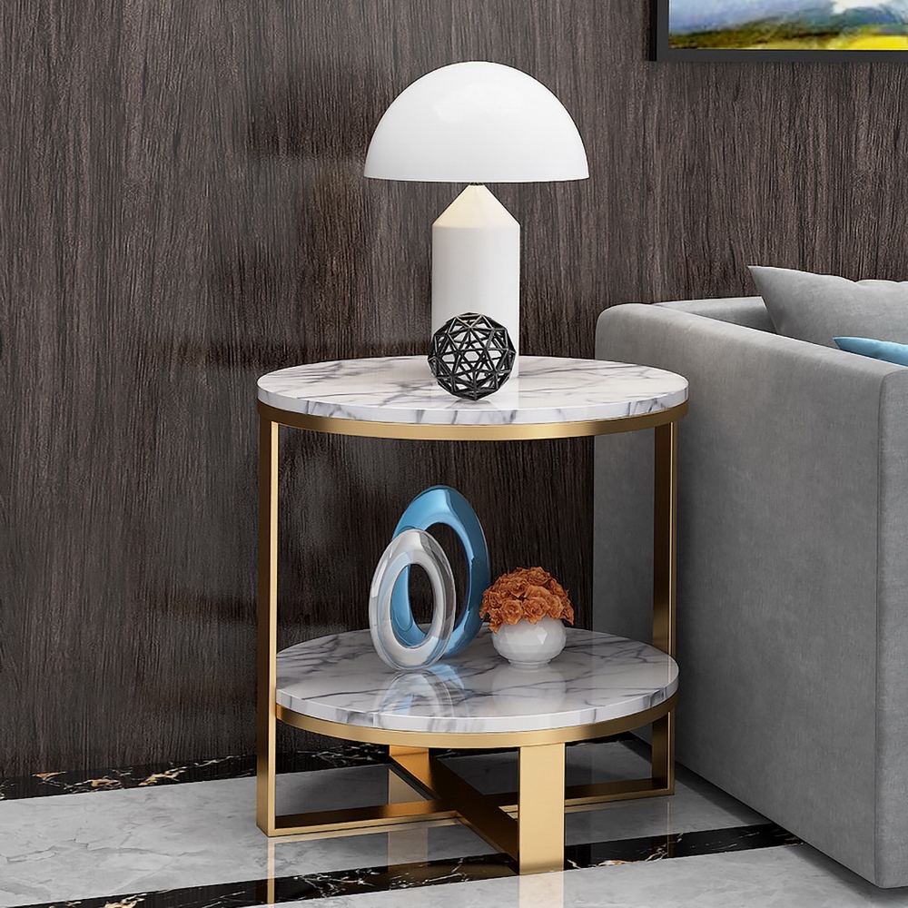 2-Tiered White Round End Table with Shelf Metal Frame window image