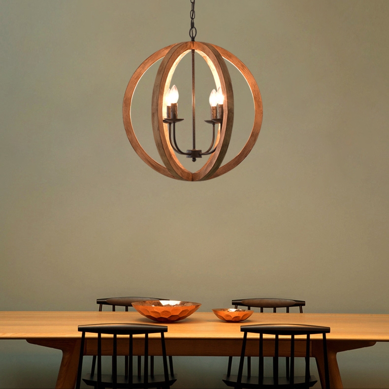 Rustic Vintage 4 Lights Brown Wood Globe Orb Chandelier Rust Metal Candle Light window image