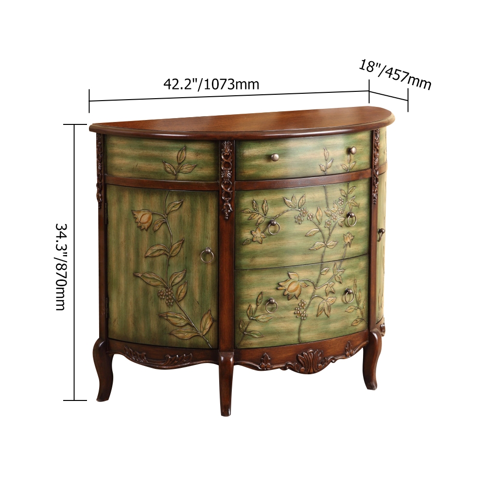 1067mm Distressed Semicircle Cabinet Embossed Surface with Drawers & Doors & Shelves window image