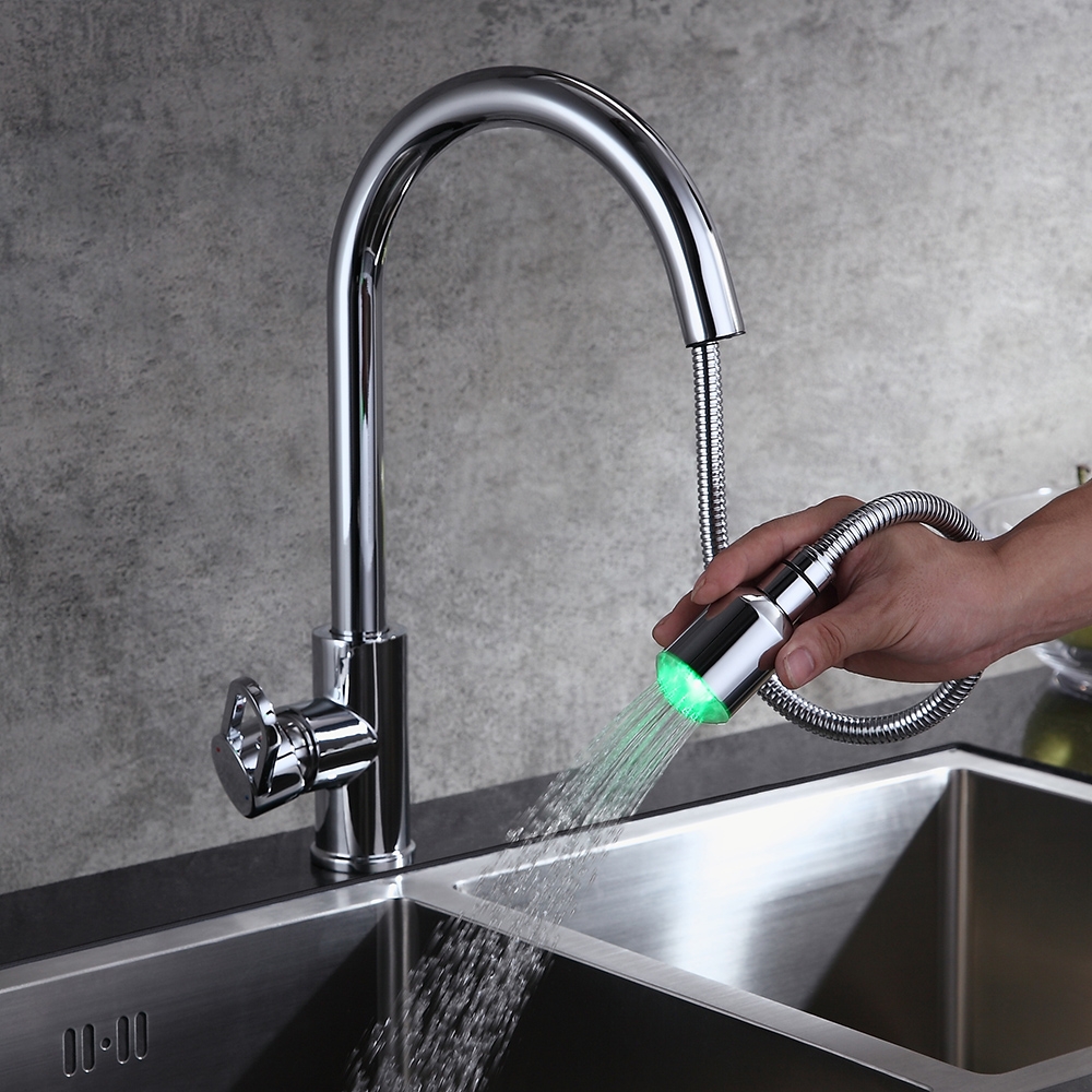 LED Single Side Handle Swivel Spout Kitchen Sink Faucet with Pull-Out Sprayer in Chrome window image