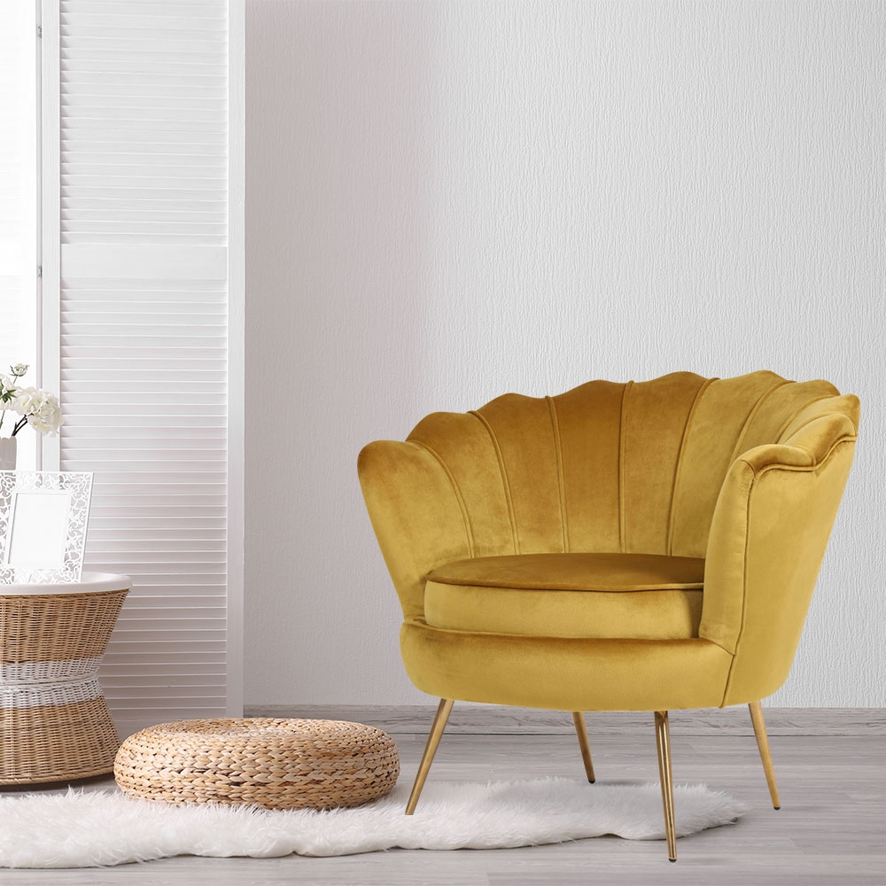 Modern Yellow Velvet Accent Chair Scalloped Barrel Shair Shell Curved Chair Pillow Included window image
