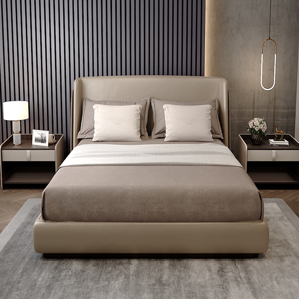 Table de chevet moderne en bois avec revêtement en similicuir avec tiroir et étagère en noyer image de fenêtre