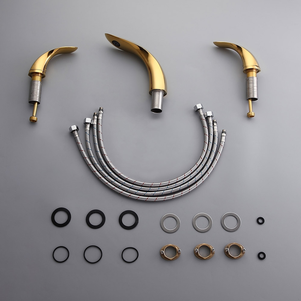 Zime Modern Aerated Spout Widespread Sink Faucet Double Handles in Gold Solid Brass window image