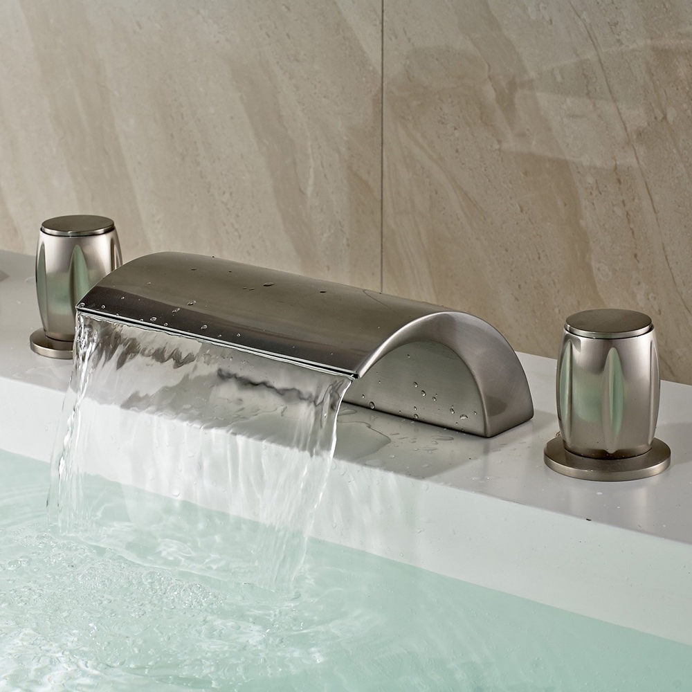Victoria Modern 2-Handle Waterfall Deck Mounted LED Roman Tub Filler Faucet Solid Brass in Brushed Nickel window image