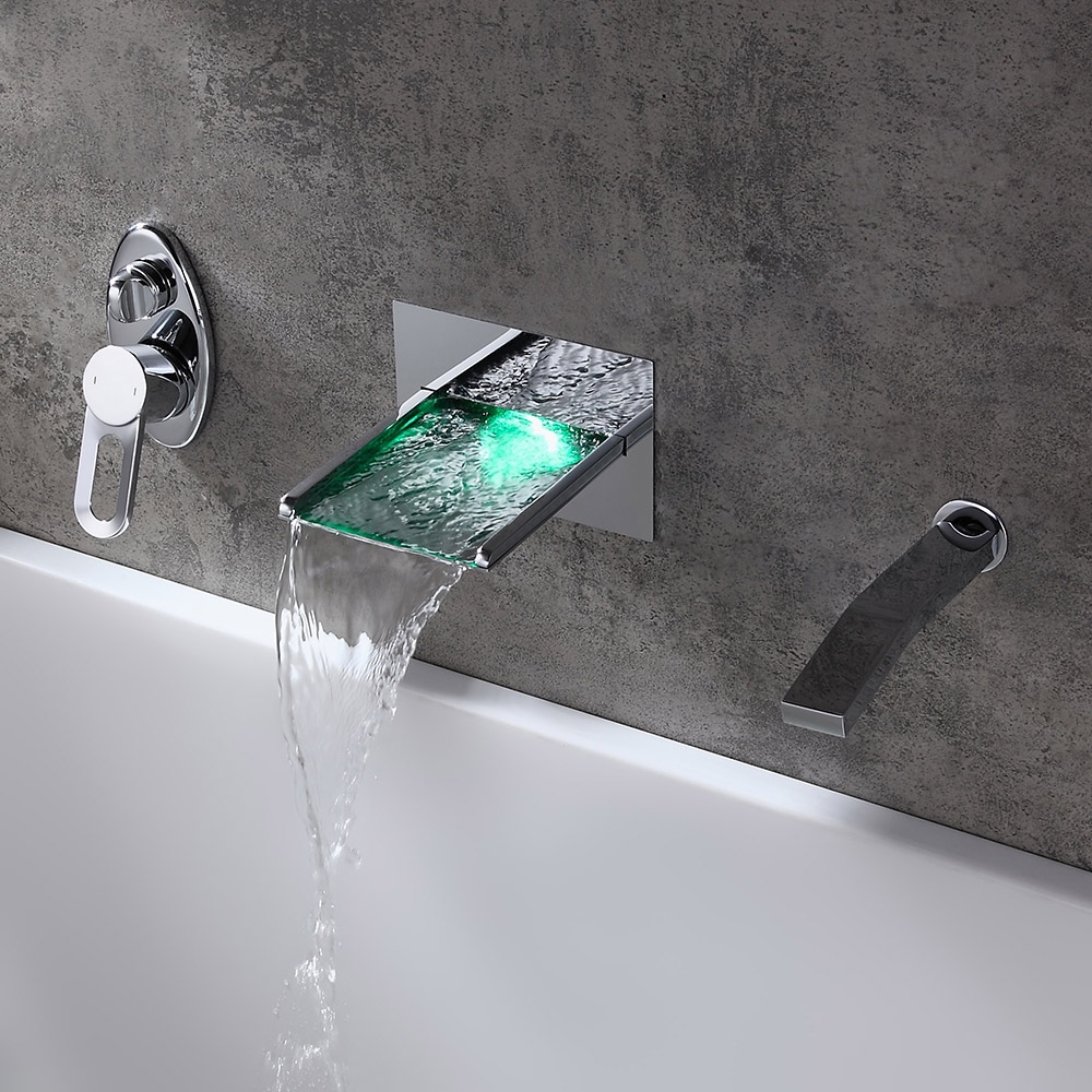 Koko Modern Polished Chrome Wall Mounted LED Waterfall Roman Tub Filler Faucet Hand Shower Set Solid Brass window image