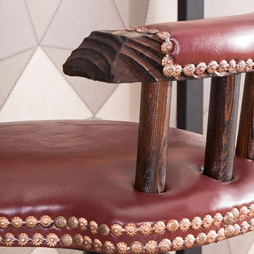 Retro Rustic Swivel Bar Stool Leather Wood Bar Stool with Back Round Nail Heads Seat Cushion in Wine window image