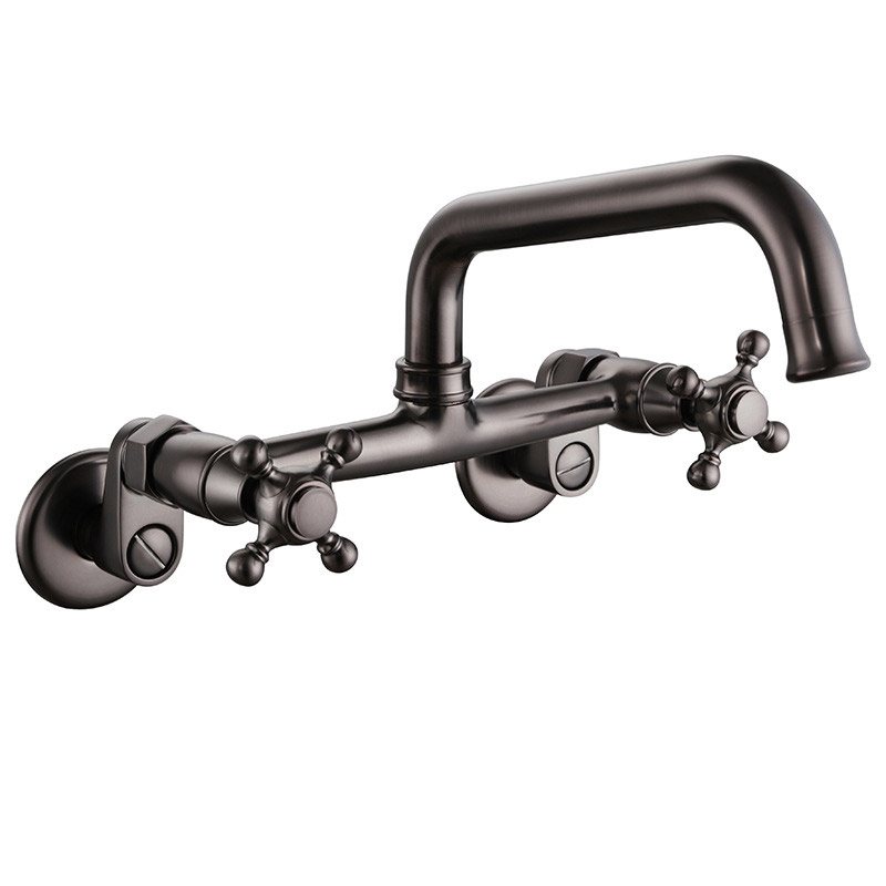 Classic Aerated Spout Wall-Mounted Double Cross Handle Kitchen Faucet Solid Brass in Oil Rubbed Bronze window image