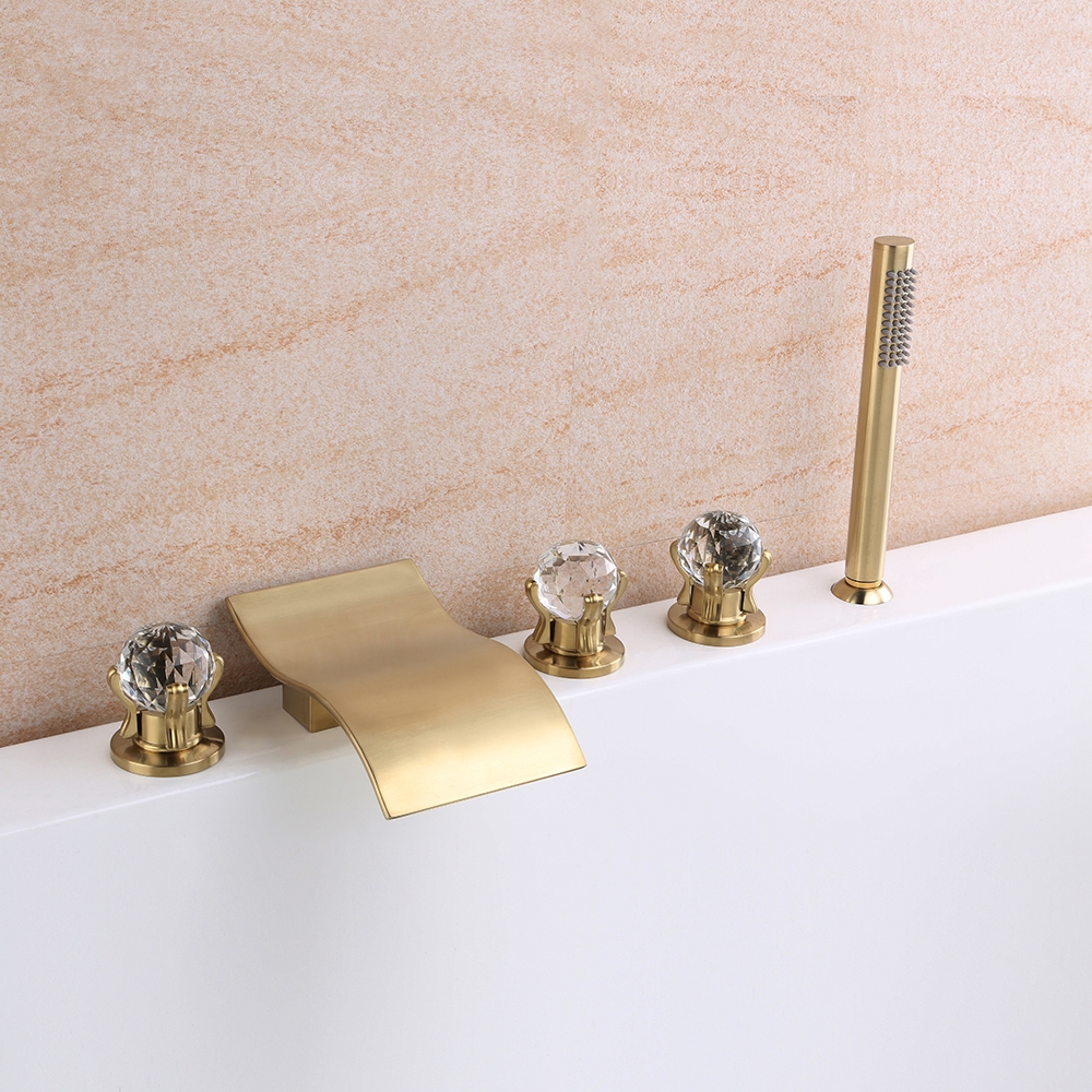 Deck Mounted Waterfall 5 Hole Filler Mixer Tap with Hand Shower Triple Crystal Handle window image