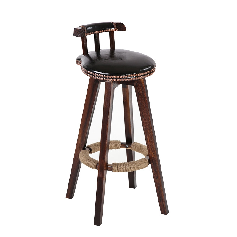Retro Rustic Swivel Bar Stool Leather Wood Bar Stool with Back Round Nail Heads Seat Cushion in Black window image