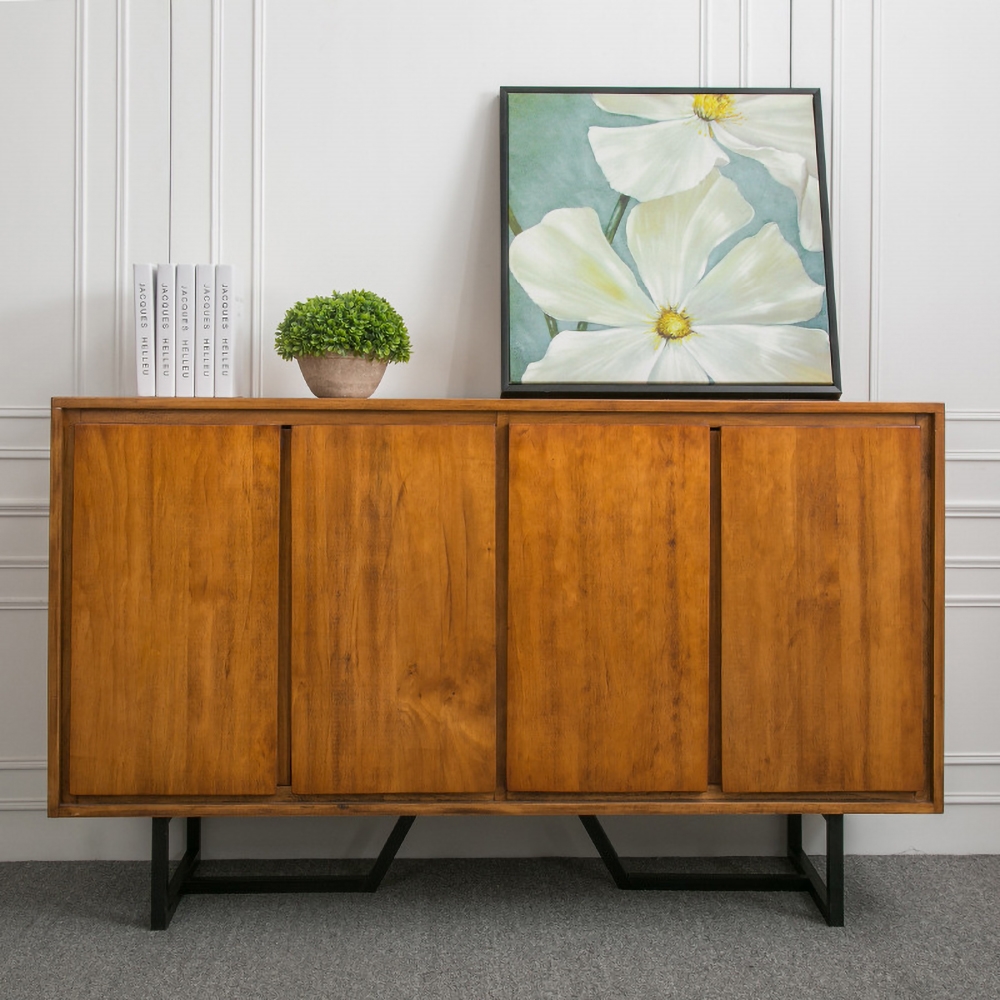 Cottage Walnut Sideboard Buffet Pine Wood Kitchen Cabinet with 4 Doors and 2 Shelves in Black window image