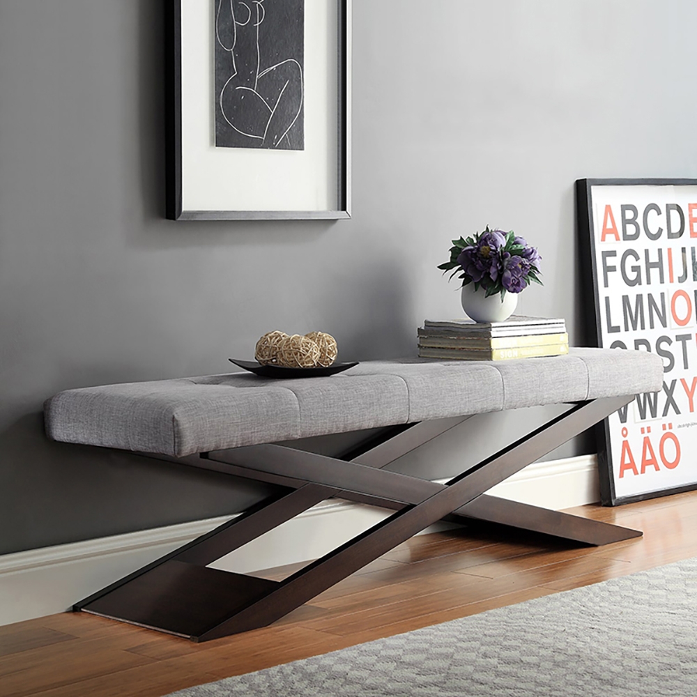 Gray Linen Bench Upholstered Carbon Steel Bench window image