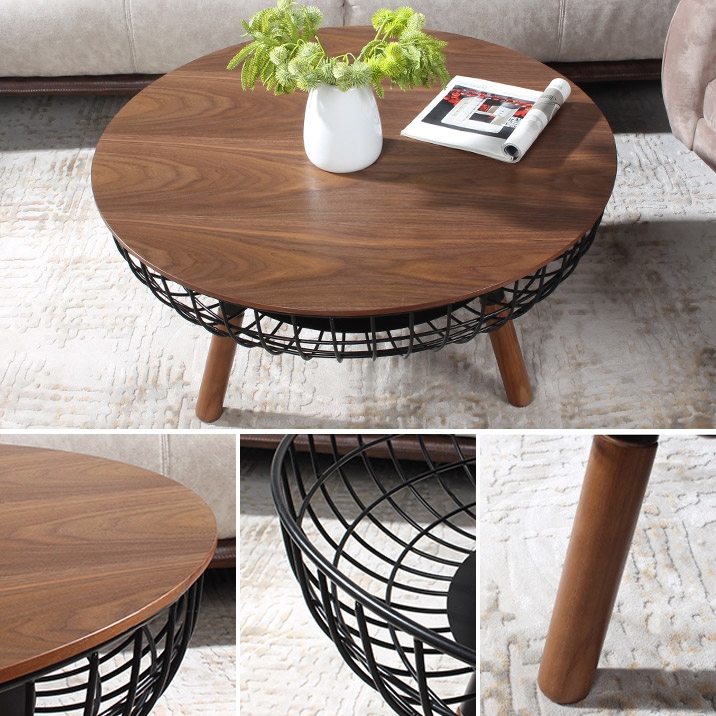 Rustic Round Coffee Table Wood Coffee Table with Basket Storage in Natural&Black window image