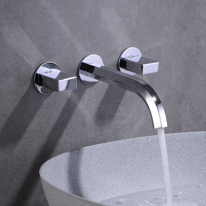 Modern Sleek Style Wall Mounted Bathroom Basin Mixer Tap Double Handle Curved Spout Polished Chrome Solid Brass window image