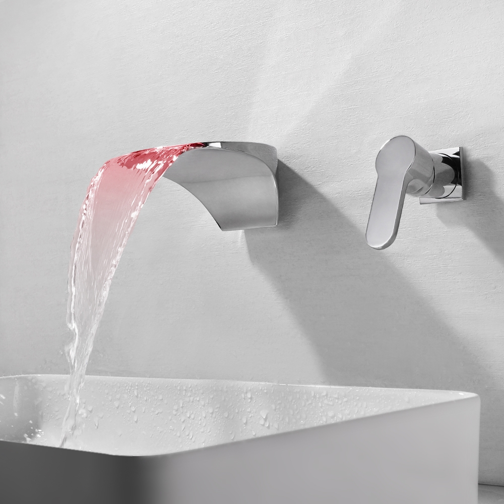 Modern LED Waterfall Wall Mounted 2-Hole Bathroom Basin Mixer Tap in Polished Chrome window image