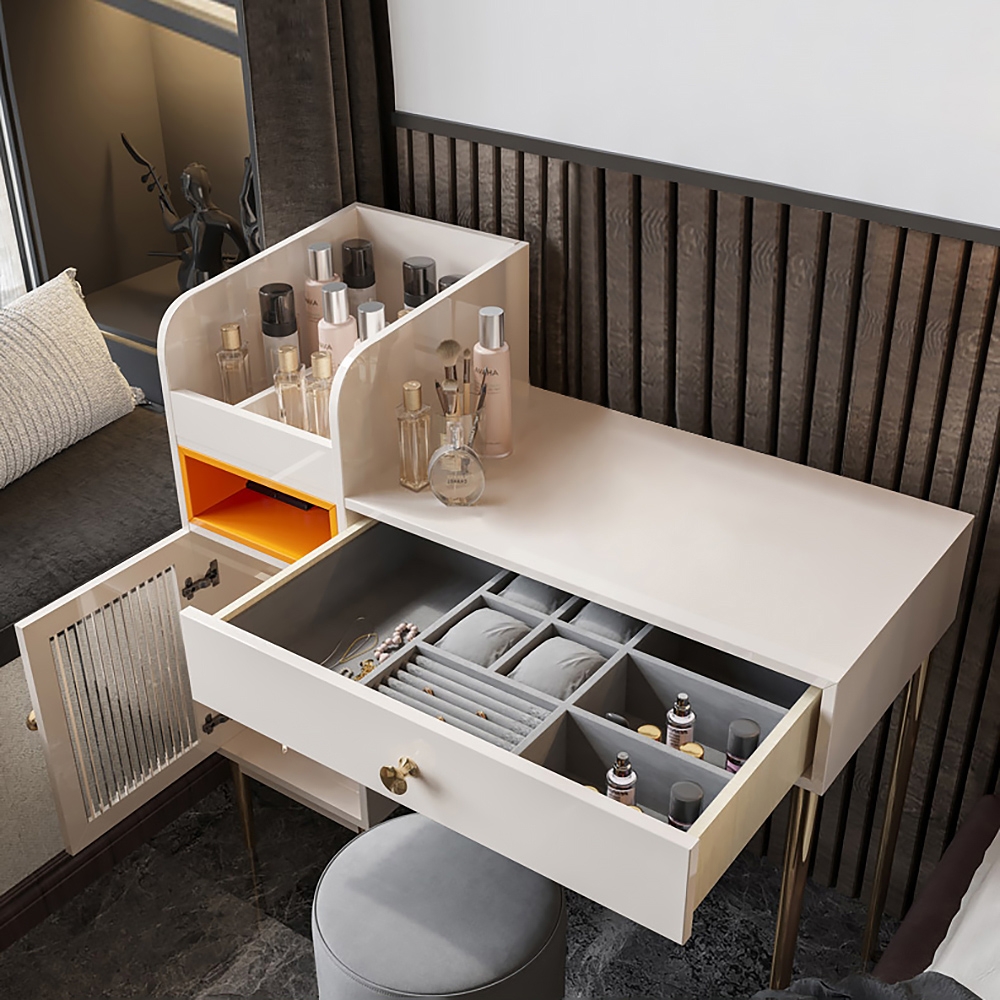 Makeup Vanity with Lights Drawer & Door Side Cabinet Dressing Table Stainless Steel Base window image