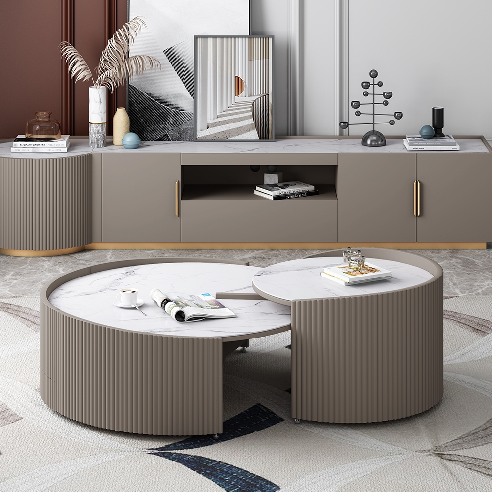 Modern Nesting Coffee Table Set with Drawer Sintered Stone Top 2-Piece window image