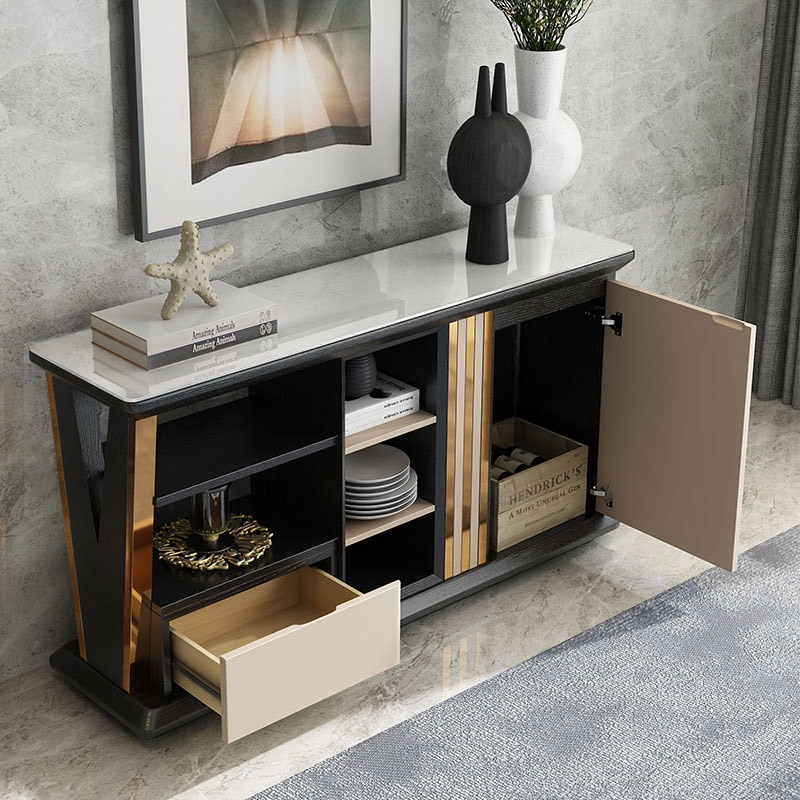 Modern Sideboard Buffet Gold Sideboard Table with Drawer & Shelf Accent Cabinet Open Storage window image