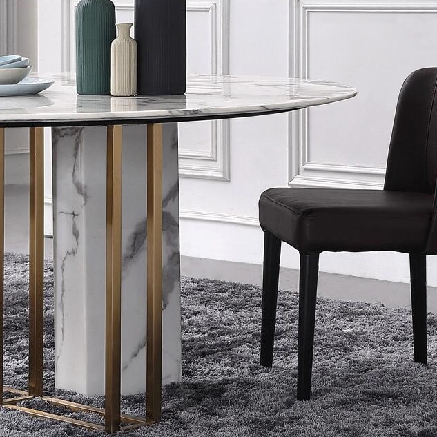 Modern Luxury 59" Round Dining Table with Faux Marble Top & Metal Base Large in Brushed Gold window image